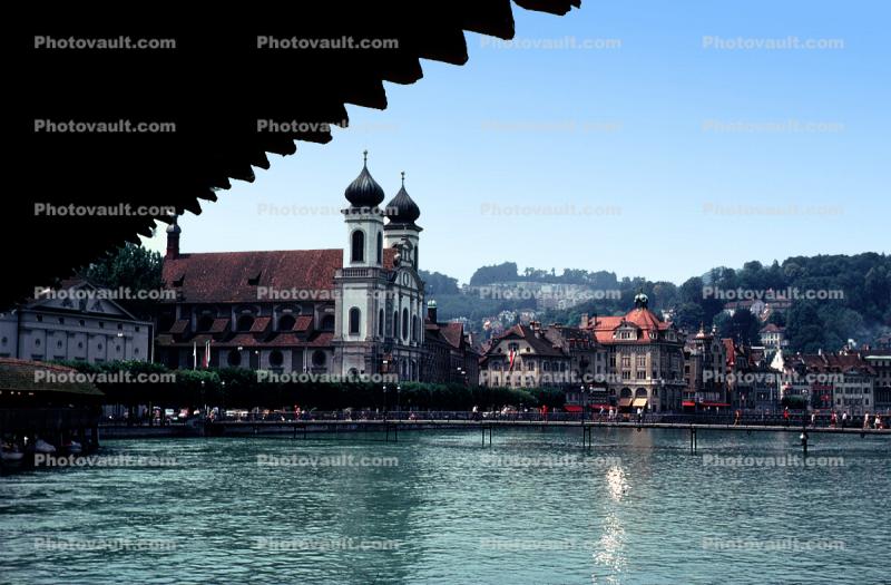 Church, lake, buildings, Cathedral Luzern, Lucerne, Switzerland