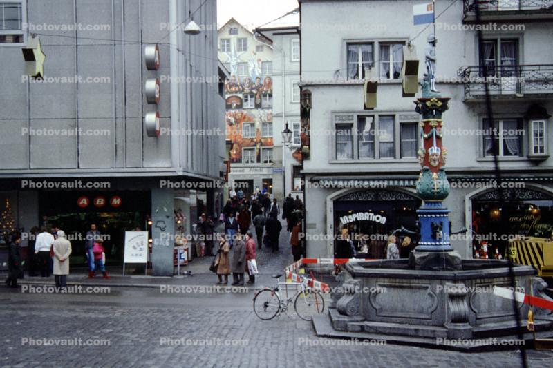 Alley, narrow street, buildings, Water Fountain, aquatics, alleyway, Switzerland