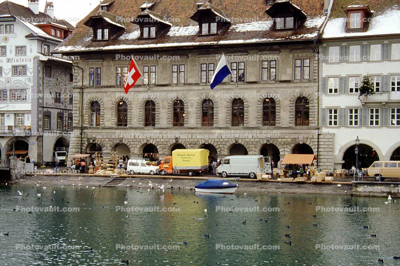 Cars, van, waterfront, hotel building, trucks, boat, harbor, Lakefront, Switzerland