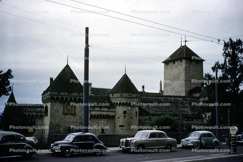 Chillon Castle, cars, Mercedes Benz, Morris Minor, vehicle, automobile, Montreux, Switzerland, 1956, 1950s