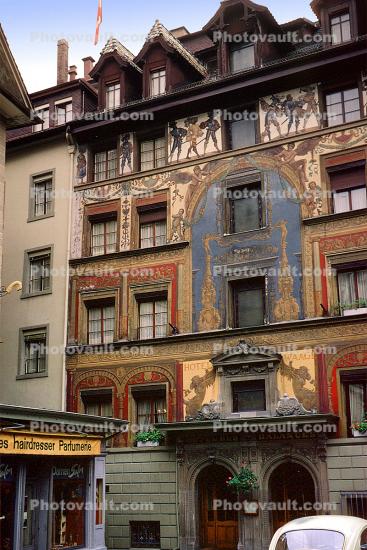 Hotel Des Balances, Hotel Waage, building, cars, people, wall paintings, Lucerne, Switzerland