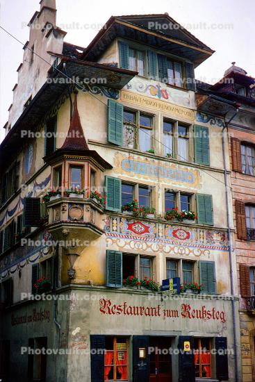 Restaurant zum Reussteg, Ornate Building, Lucerne, Switzerland, opulant