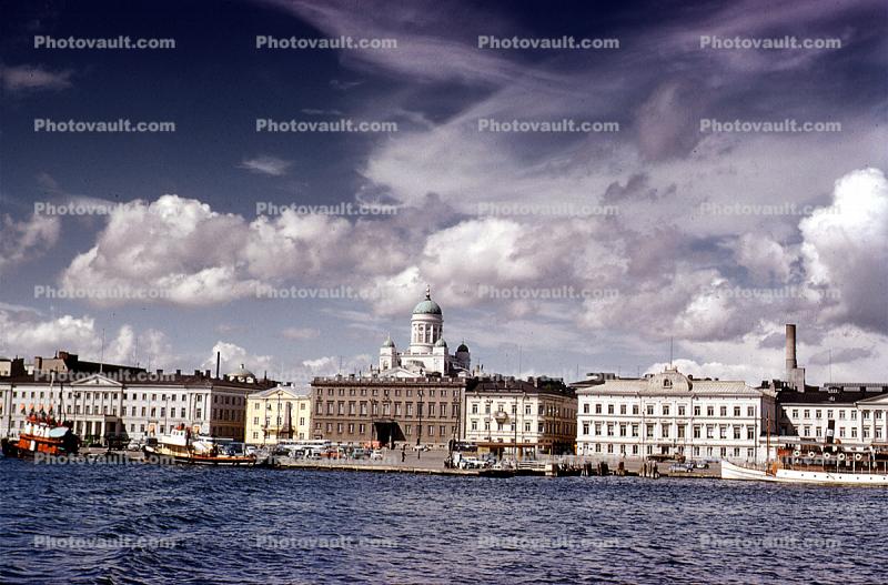 shoreline, buildings, docks, harbor, Senate Square, Helsinki, clouds