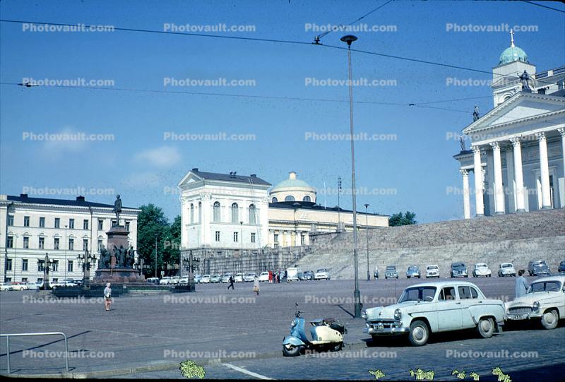 Cars, Vespa, buildings, Helsinki, 1950s