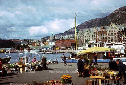 Waterfront, Flowers, Buildings, Docks, Harbor, Bergen, 1950s