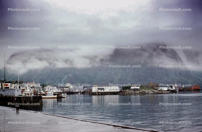 Docks, Waterfront, Harbor, Mountains, Fog, Buildings, Svolvaer
