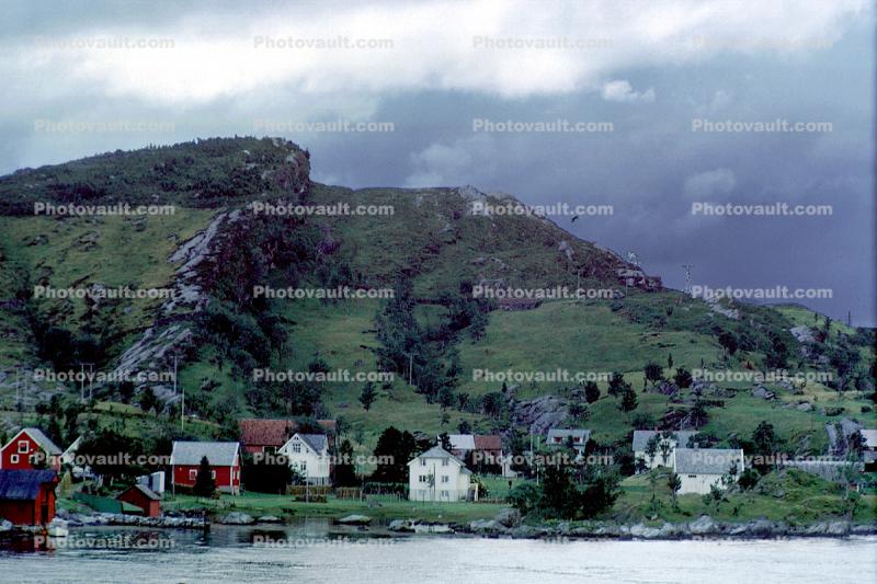 Village, Hills, Mountains, Buildings, Homes, Houses, fjord