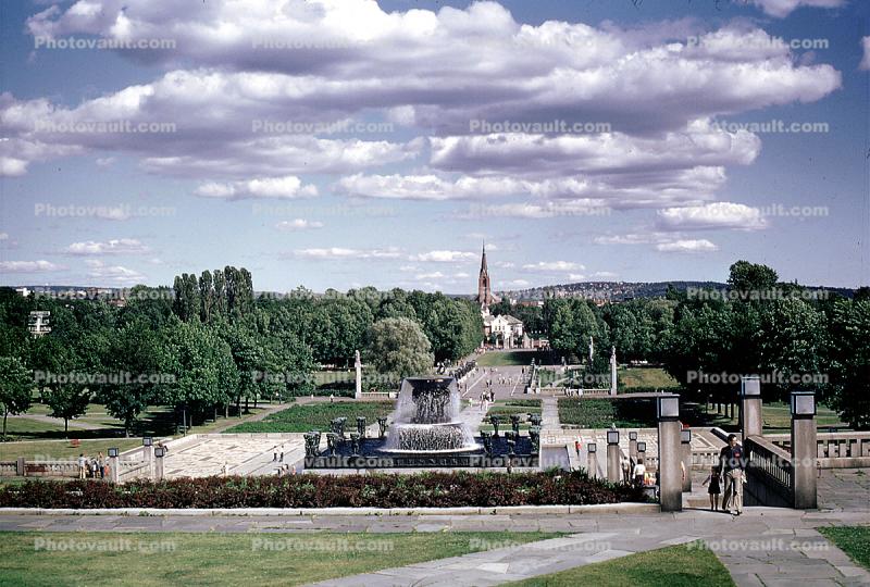 Statues and Water Fountains, Church, Trees, Vigeland Sculpture Park, Frogner Park, Oslo