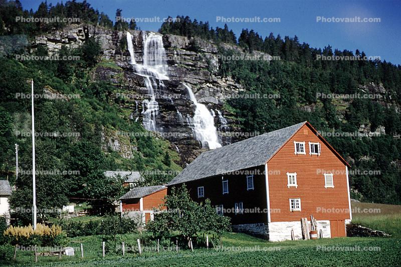 Barn, Farm, Waterfall, mountains