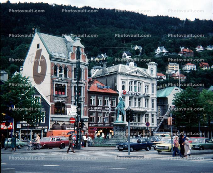 Street, Cars, Statue, Unique Buildings, Bergen