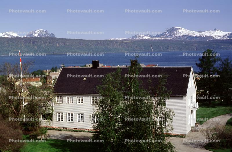 Fjord, building, mountains