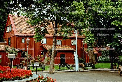 Red Building, Benches, trees, park, Gothenburg