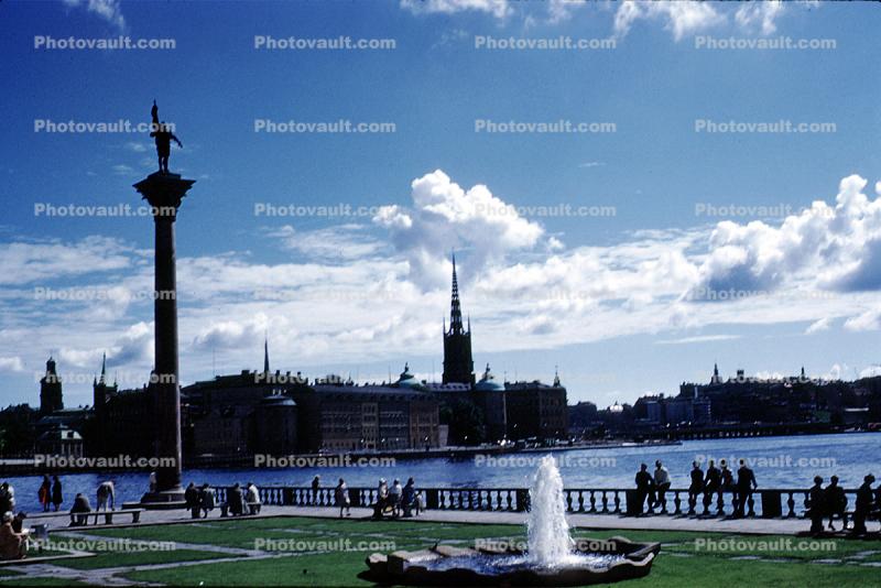 skyline, cityscape, clouds, Water Fountain, Column, Garden, Stockholm, Baltic Sea