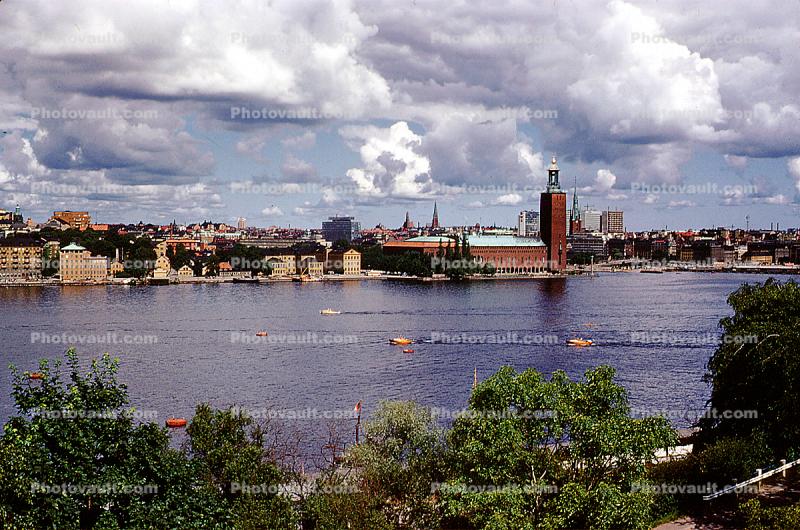 Harbor, boats, buildings, skyline, Kungsholmen, Baltic Sea, Town Hall, tower, Stadshuset