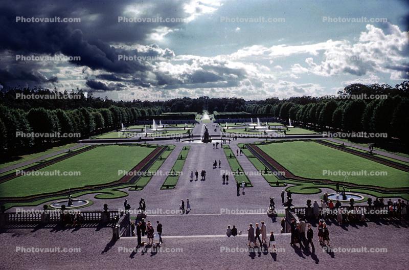 Baroque Garden, Drottningholm Royal Palace, People, Lawn, clouds, August 1961, 1960s