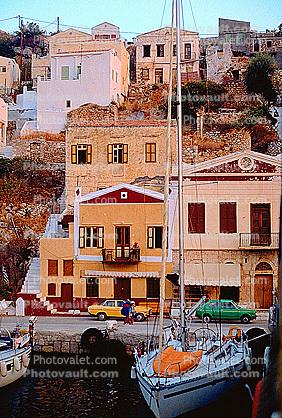 Waterfront, Boats, Cars, Buildings, Harbor, Symi