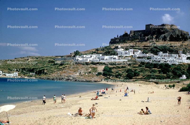 Beach, Sand, Houses, Fortress, Lindos, Rhodes