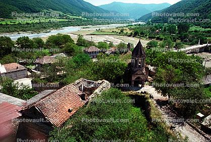Valley, Homes, Church, River, trees