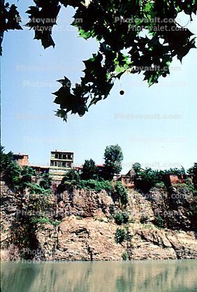 Kura River, cliff, homes, houses, buildings, Tbilisi