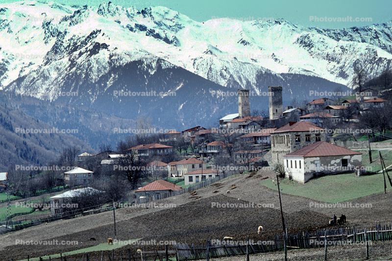 Valley, Buildings, Village, Town, Svaneti, Caucasus Mountains