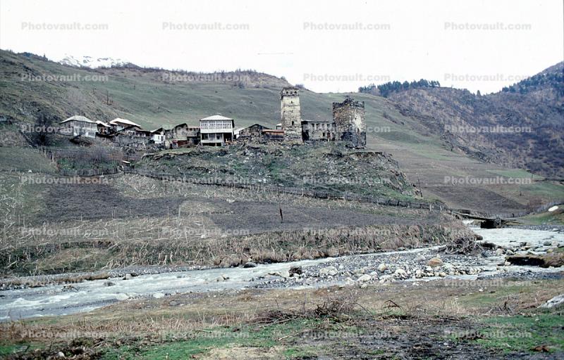 River, Barren Hills, Homes, Houses, Buildings, Village, Town, Svaneti, Caucasus Mountains