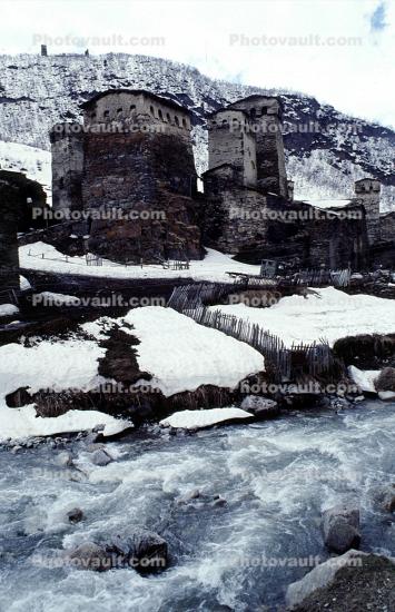 River, Snow, Homes, Houses, Buildings, Village, Town, Svaneti, Caucasus Mountains
