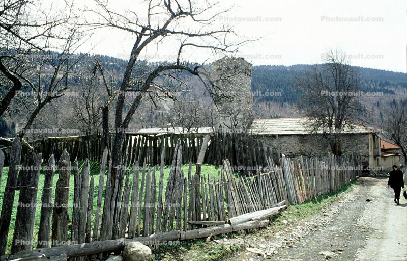 Fence, tree, Buildings, Village, Town, Svaneti, Caucasus Mountains