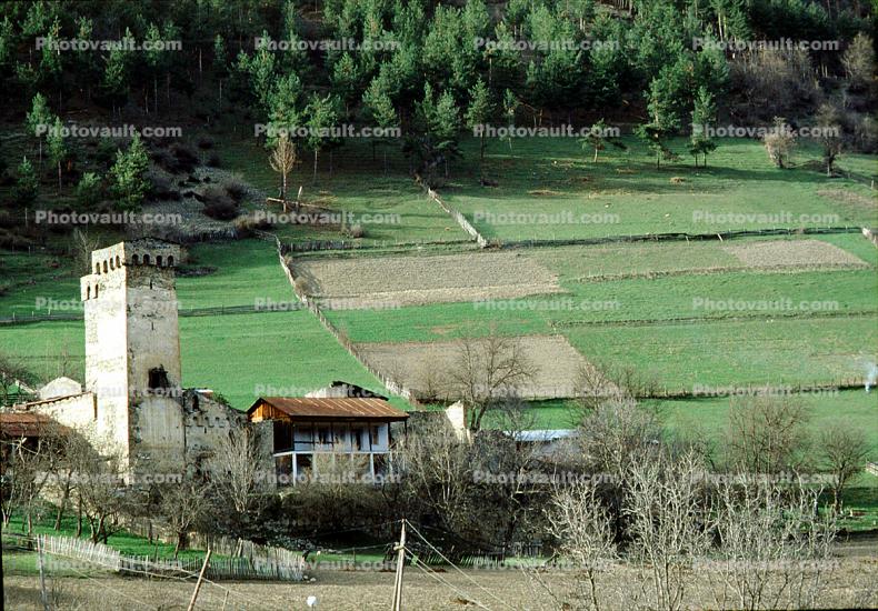 Farmlands, trees, Buildings, Village, Town, Svaneti, Caucasus Mountains