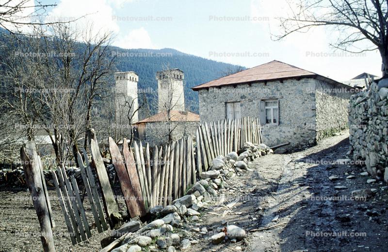 Home, House, Svaneti, Caucasus Mountains, Building, Towers, Road, Fence