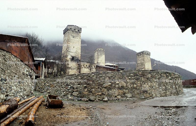 Tower, buildings, stone walls, Svaneti, Caucasus Mountains
