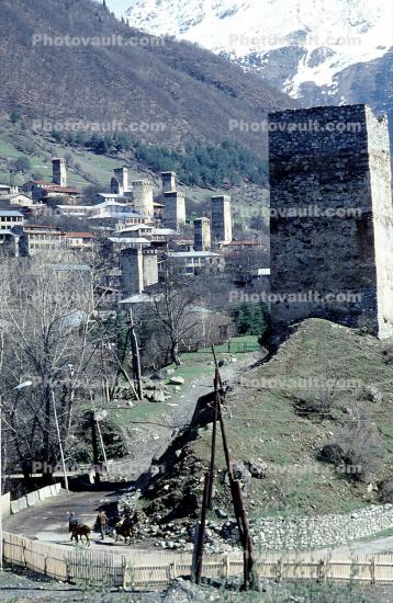 Towers, buildings, valley, Svaneti, Caucasus Mountains