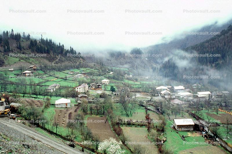 Road, Homes, Houses, farmlands, buildings, valley, Svaneti, Caucasus Mountains