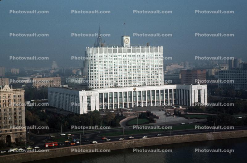 The Russian White House Building, Moscow River, Cars