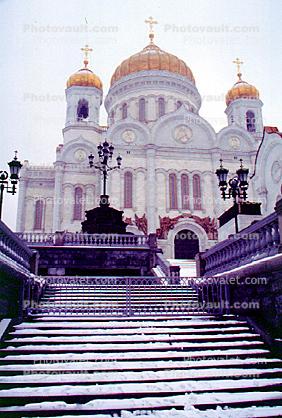 Russian Orthodox building, steps, stairs, snow, ice, cold