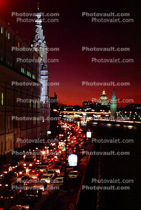 the Kremlin, Twilight, Dusk, Dawn, Moscow River, Traffic Jam, cars, tower