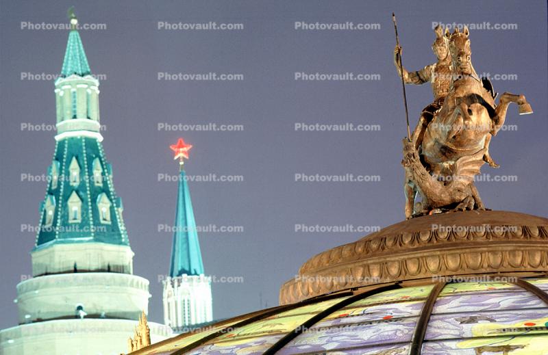 Equestrian Statue, horse, towers, dome, building