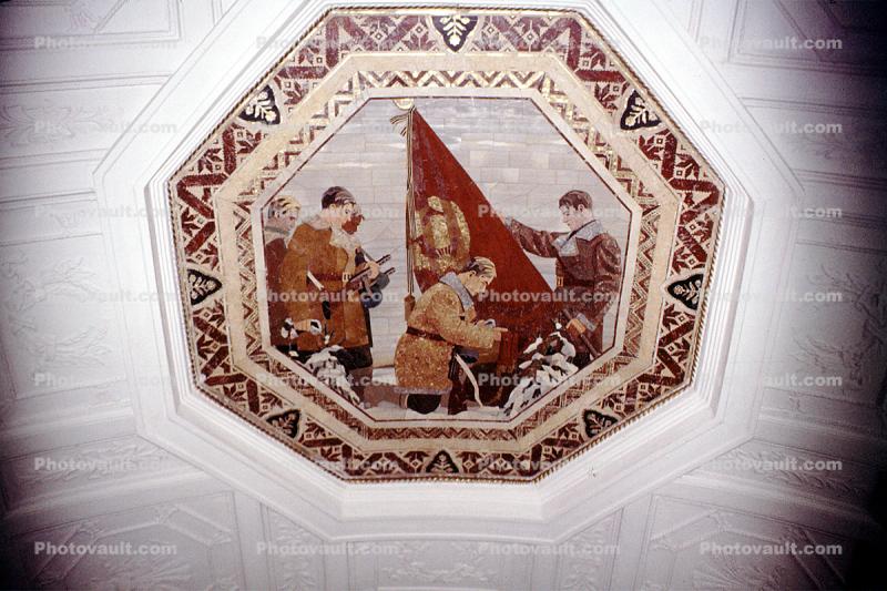Octogon, Moscow Subway, artwork, flag, ceiling