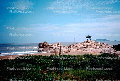 Ocean, rocks, shore, shoreline, coast, shrine, Putuo