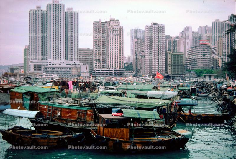 Boat City, Crowded Harbor, Skyline, Cityscape, Apartment Buildings, 1982, 1980s