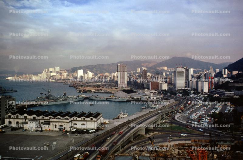 Harbor, Navy Ships, Waterfront, Docks, Skyline, Cityscape, Hills, Buildings, 1973, 1970s