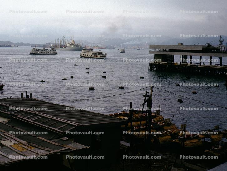 Ferry Boats, docks, Victoria Harbor, 1973, 1970s