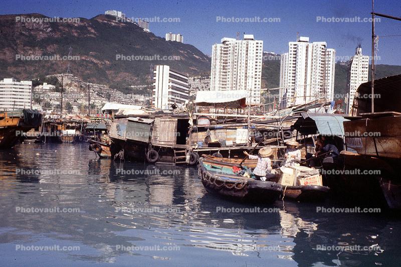 Boat City, Crowded Harbor, Docks, Buildings, Housing, Hills, Aberdeen Boat City, 1979, 1970s