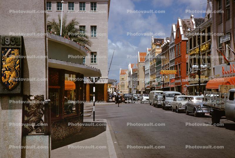 cars, buildings, downtown, shops, stores, Willemstad, Curacao, 1950s