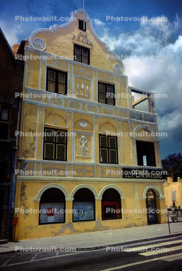 JL Penha & Sons, Curacao, Home, House, Gable Building, Sidewalk, Windows, Willemstad