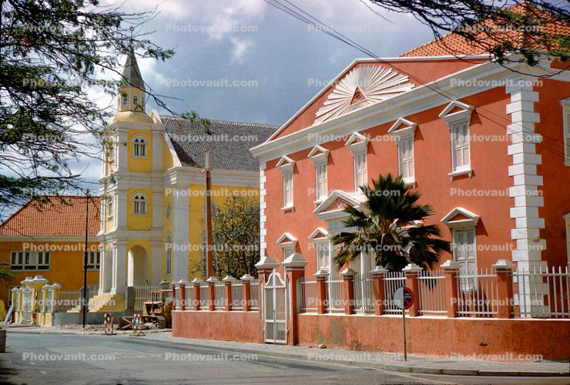 Colorful Buildings, Church, street, gate, fence, wall, Willmenstad, Curacao