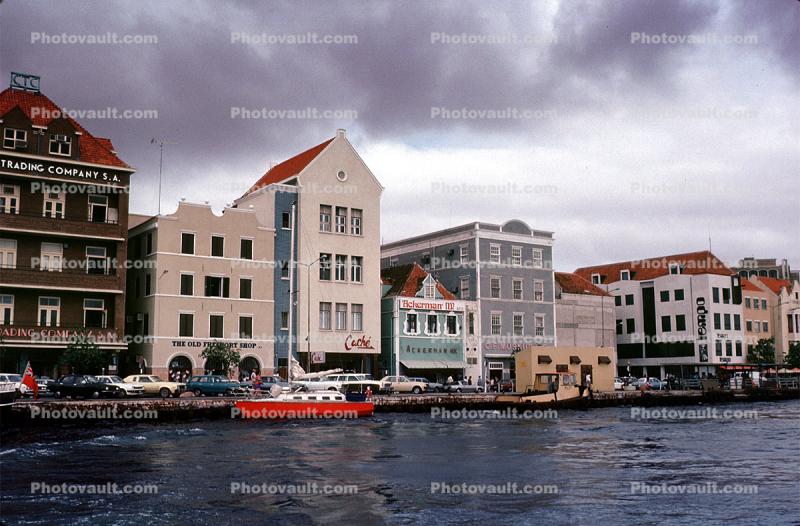 Waterfront, boat, dock, cars, buildings, Willemstad, Curacao