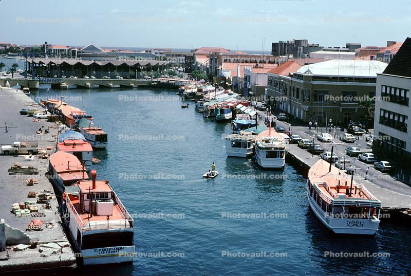 Floating Market, Harbor filled with Excursion Boats, waterfront, buildings, Willemstad, Curacao
