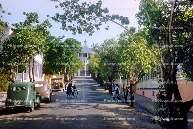 Cars, Bicycle, street, trees, Nassau, 1950s