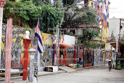 Wall Art, Colorful Buildings, Flag, Old Havana, Buildings, Sidewalk