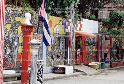 Wall Art, Colorful Buildings, Flag, Old Havana, Buildings, Curb, Sidewalk